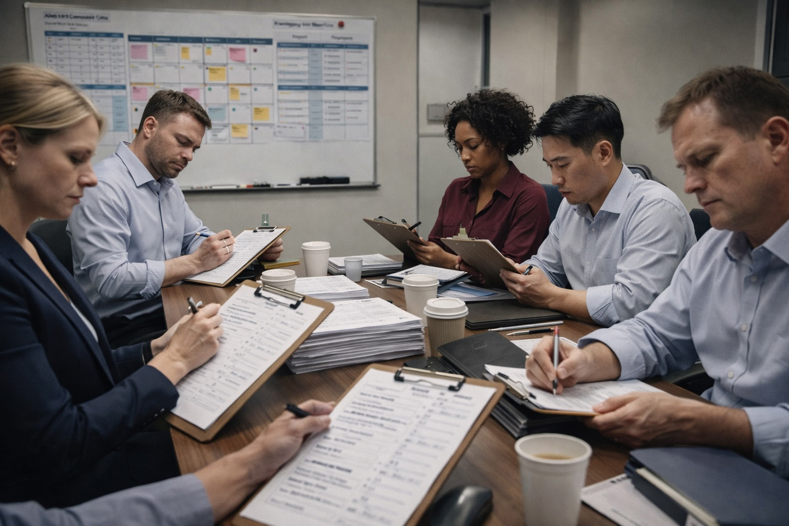 Bureaucratic meeting with clipboards