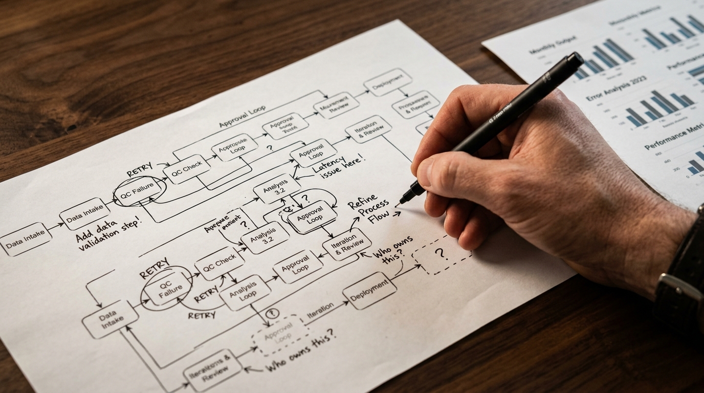 Analyst annotating a process flow diagram with friction notes