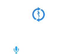 Blue icon of two people with microphone and speech bubble, with contact info for media requests.