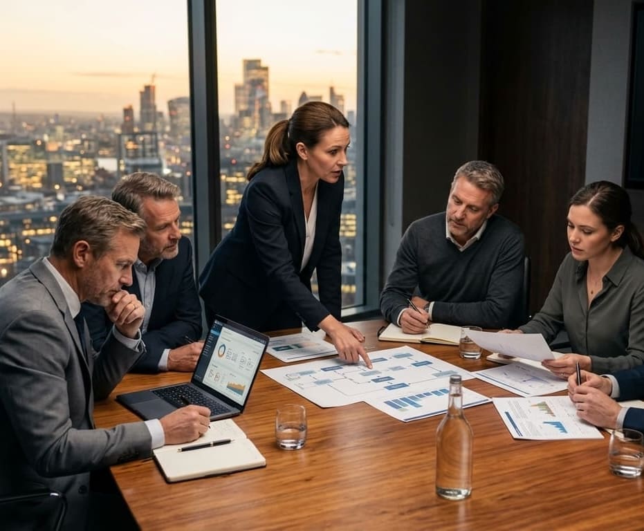 Multiple business people around a conference table.