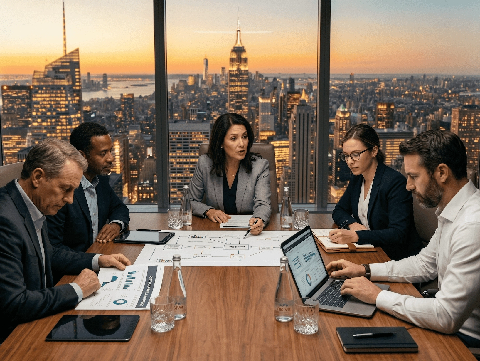 Executive strategy session with NYC skyline