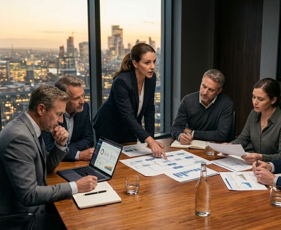 Multiple business people around a conference table.