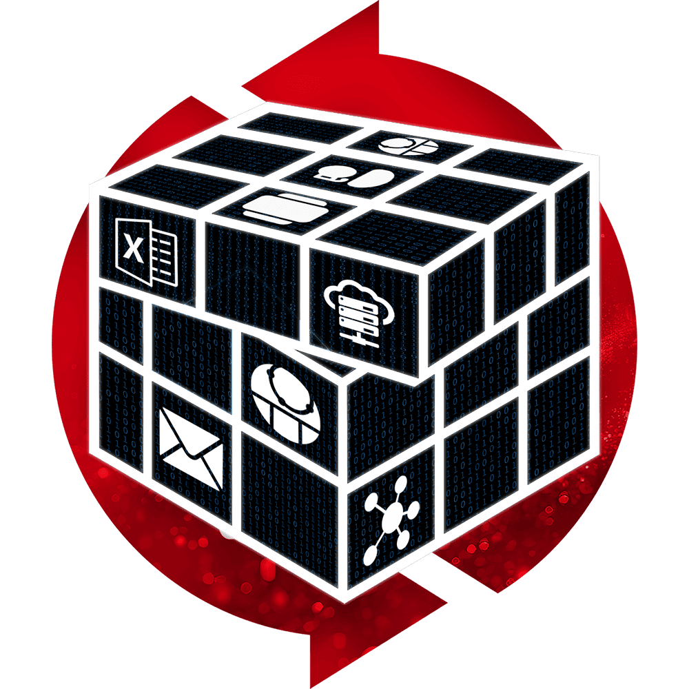 Cube made of digital icons and binary code inside a blue circle, symbolizing messy systems. Headline text: 'We Untangle Chaos.'