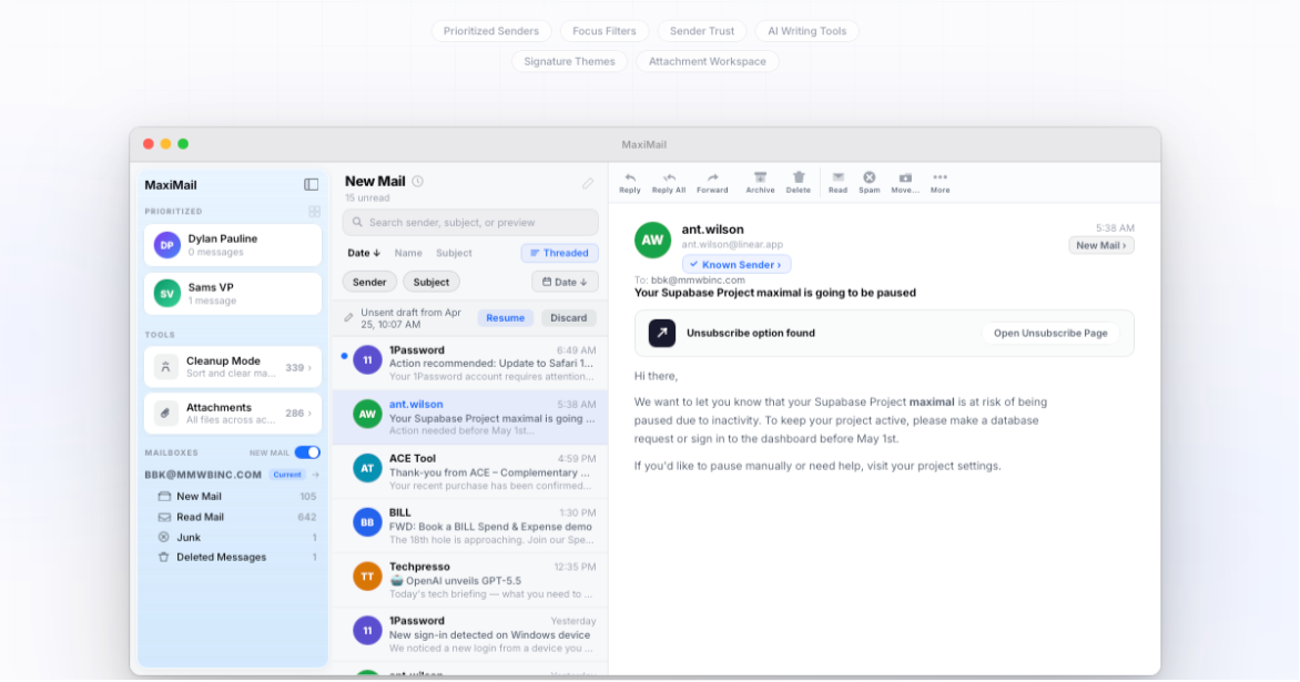 MaxiMail desktop mail workspace